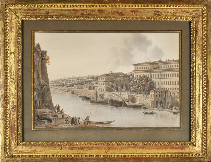Vue ancienne du port du Tibre, encadrée