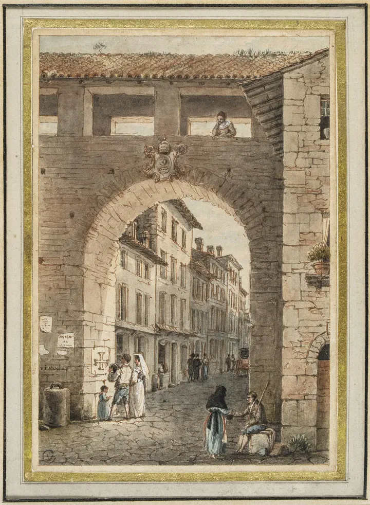 Dessin ancien d’une porte et rue de Rome