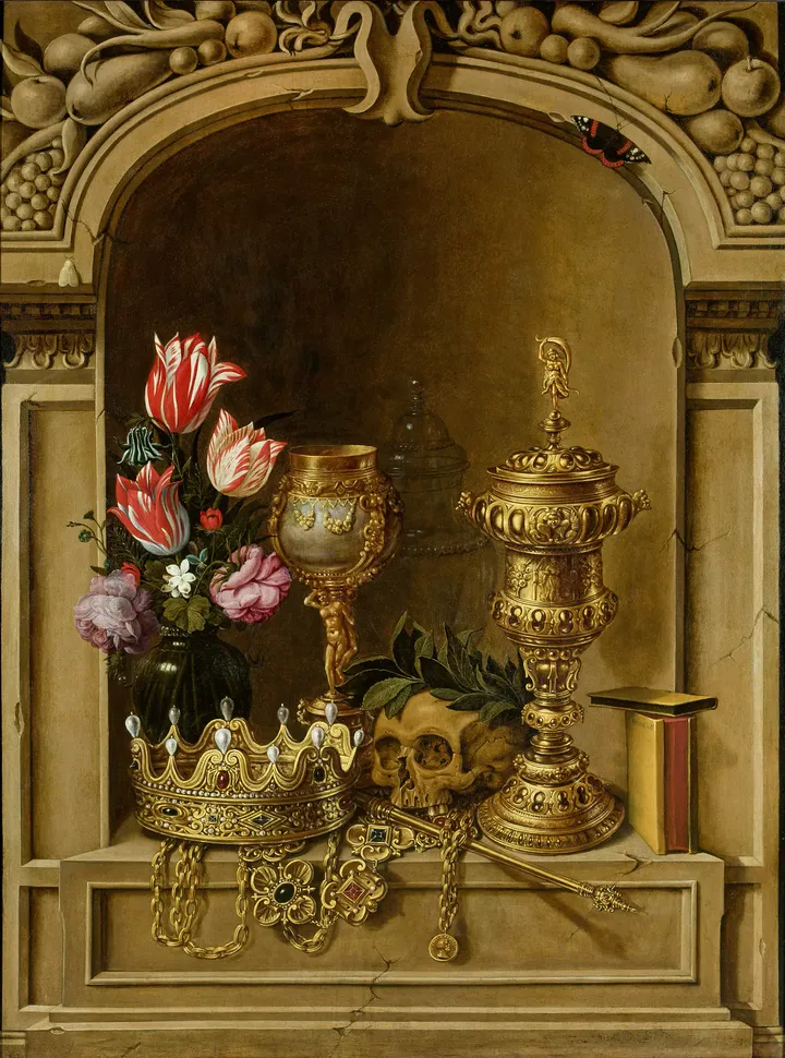 Nature morte ancienne, composition de fleurs et objets